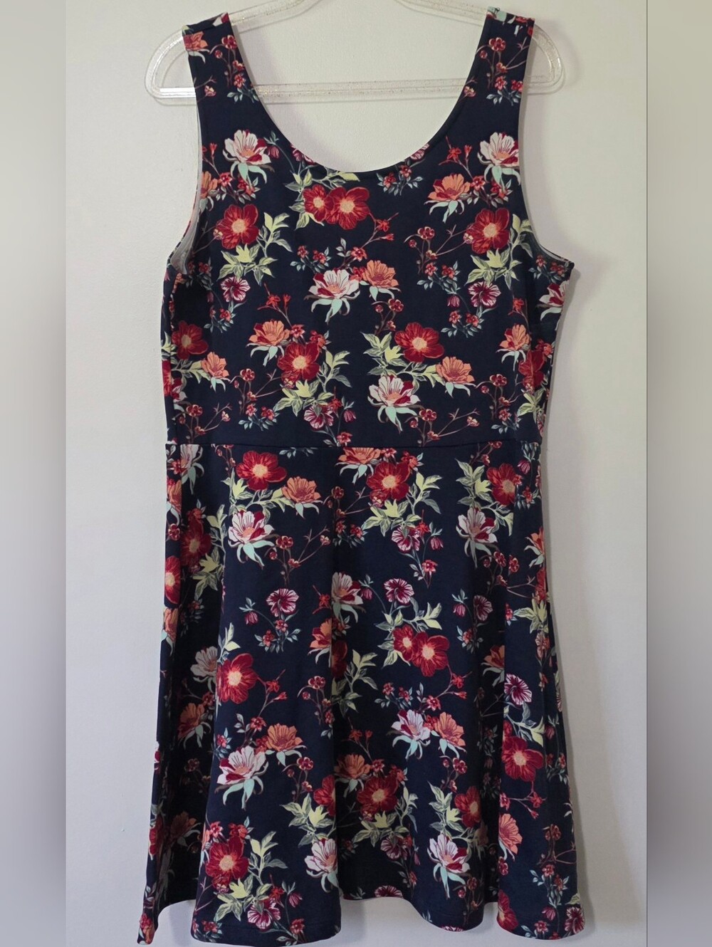 H&M Sleeveless Navy Blue Floral Skater Dress Soft Grunge Twee 90s Alt Large (14)